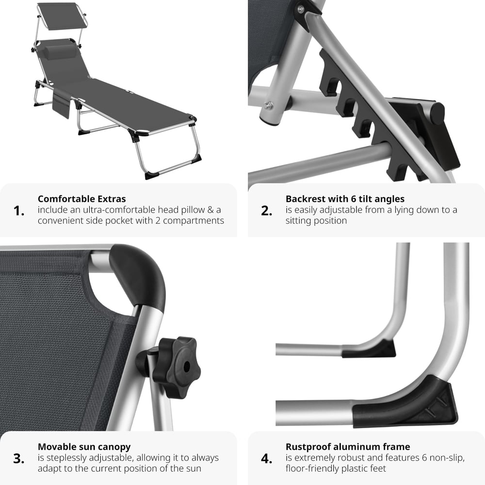 tectake Aurelie Grey 6 Position Backrest Foldable Sun Lounger with Headrest Image 3