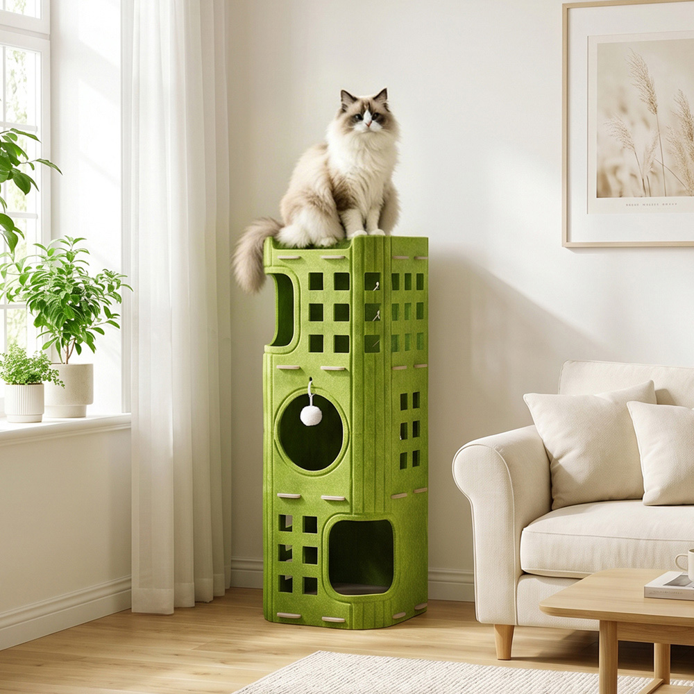 H&O Direct 3-Tier Green Felt Cat House with Hanging Fluffy Ball Image 2