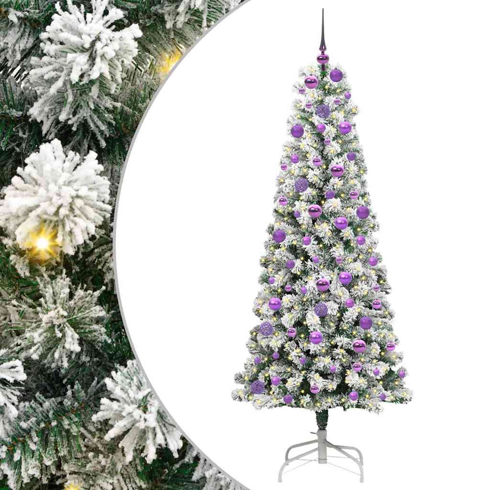 vidaXL Pre-Lit Warm White LED and Lilac Baubles Snow Flocked Artificial Christmas Tree 6ft Image 2