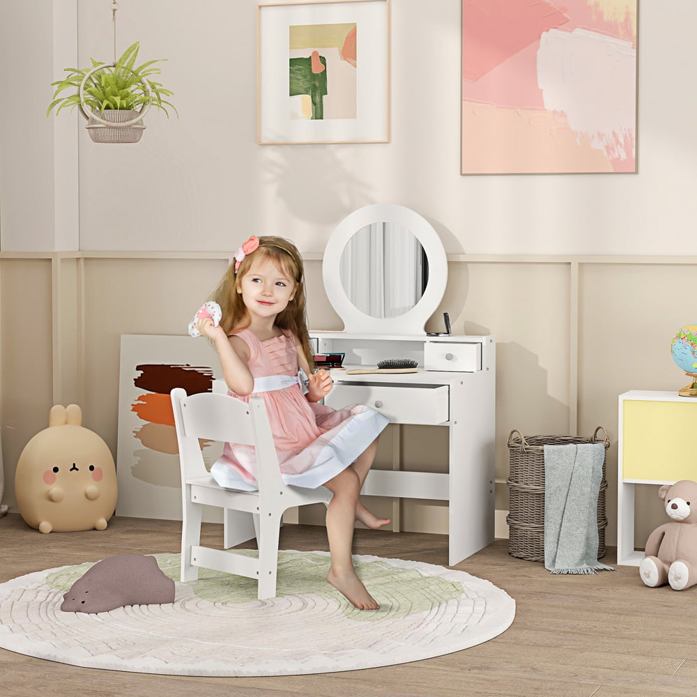 AIYAPLAY 4 Drawer White Mirror Kids Dressing Table and Stool Set Image 5