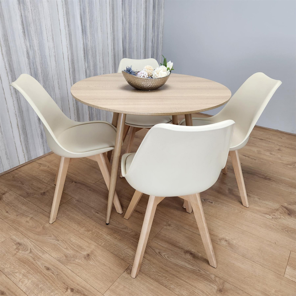 Kosy Koala 4 Seater 4 Seater Faux Leather Round Dining Set Wood Effect and Cream Image 4