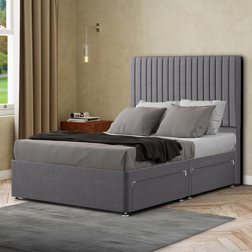 Portland Maryland Super King Size Grey Linen Divan Bed with 2 Drawer and Headboard Image 1
