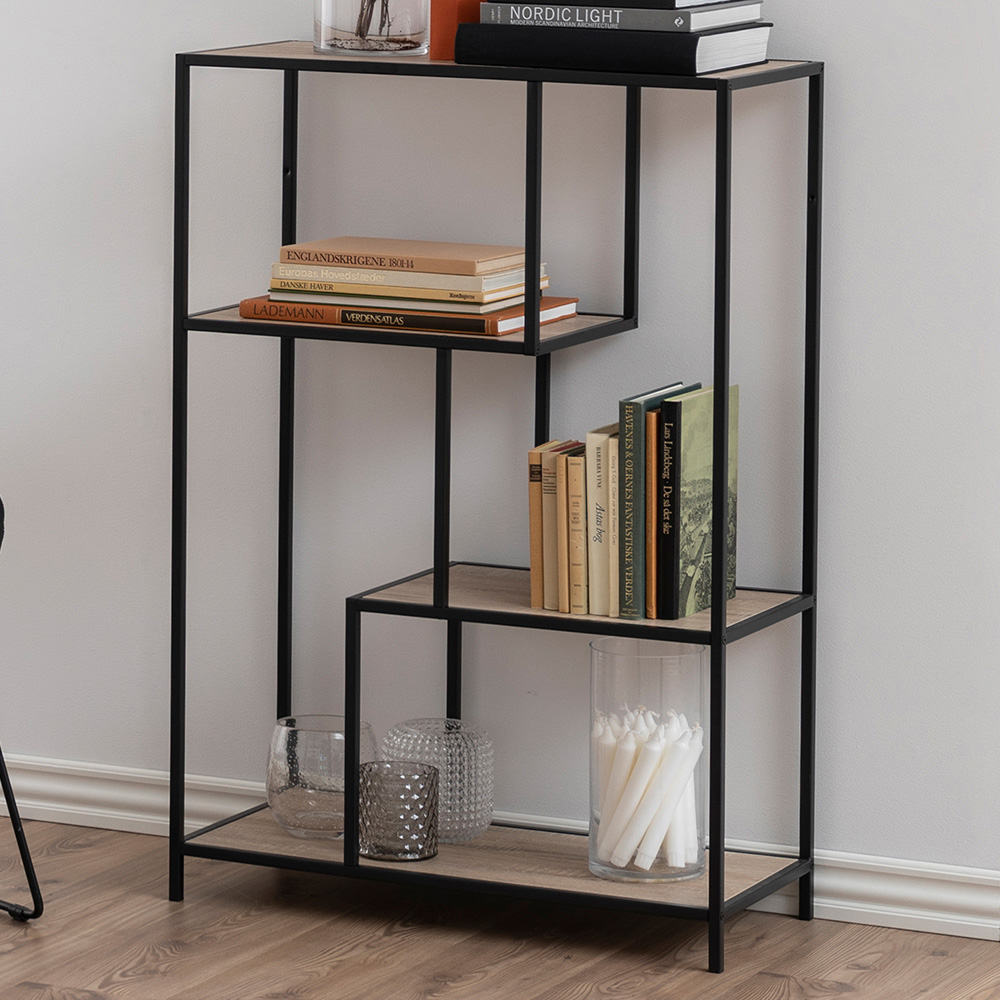 Florence Seaford 3 Shelf Oak and Black Metal Asymmetrical Bookcase Image 1