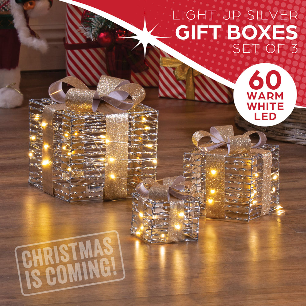 The Christmas Workshop 60 Warm White LED Silver Gift Box Decoration Set of 3 Image 4