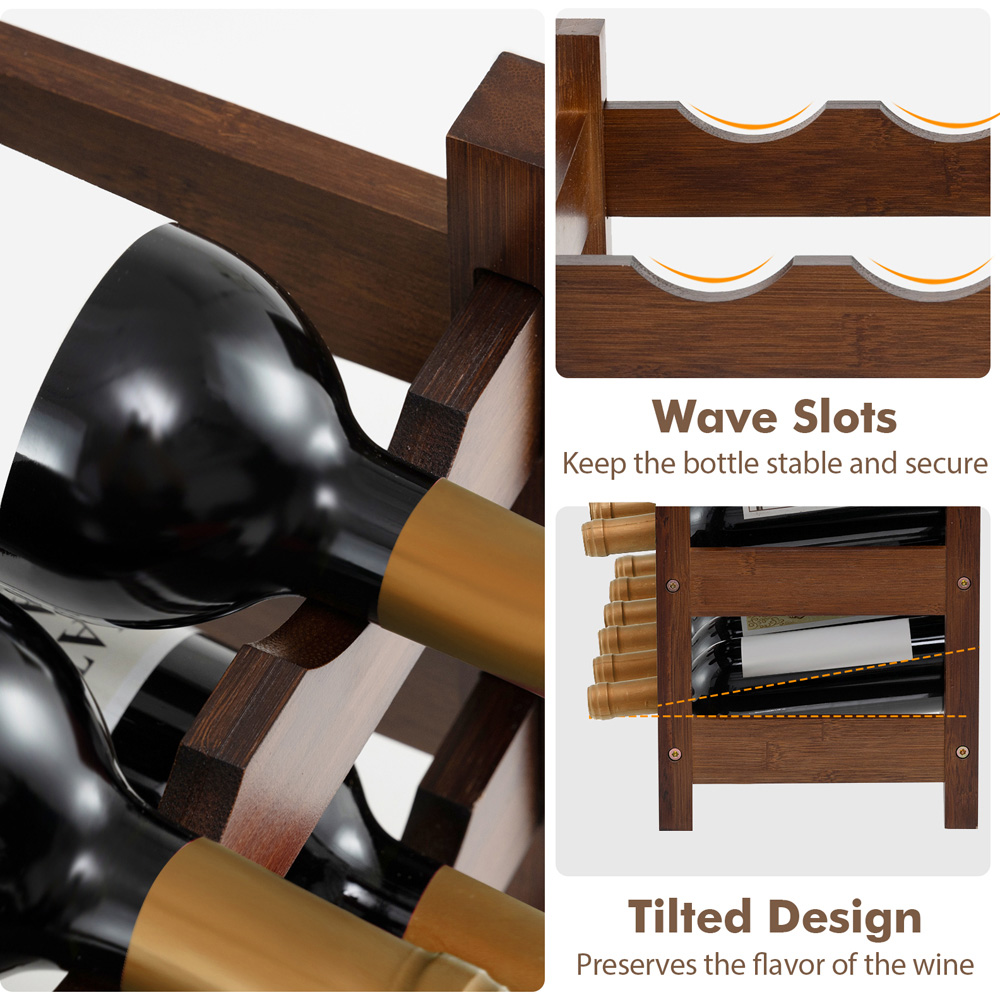 Costway 3 Shelf Coffee Wave Slot Bamboo Wine Rack Image 6