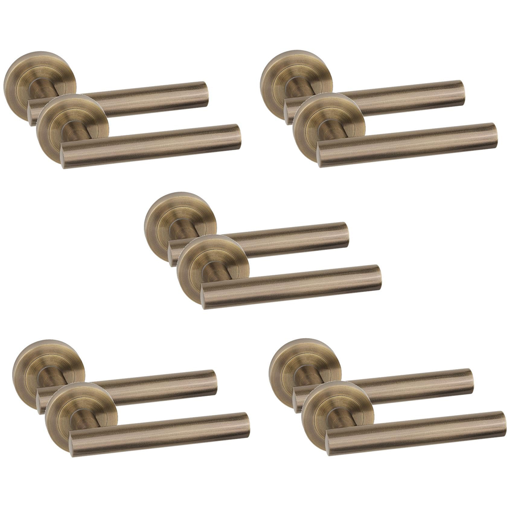 Golden Grace Antique Brass Straight T-Bar Door Handle with Spindle and Fixing 5 Pack Image 1