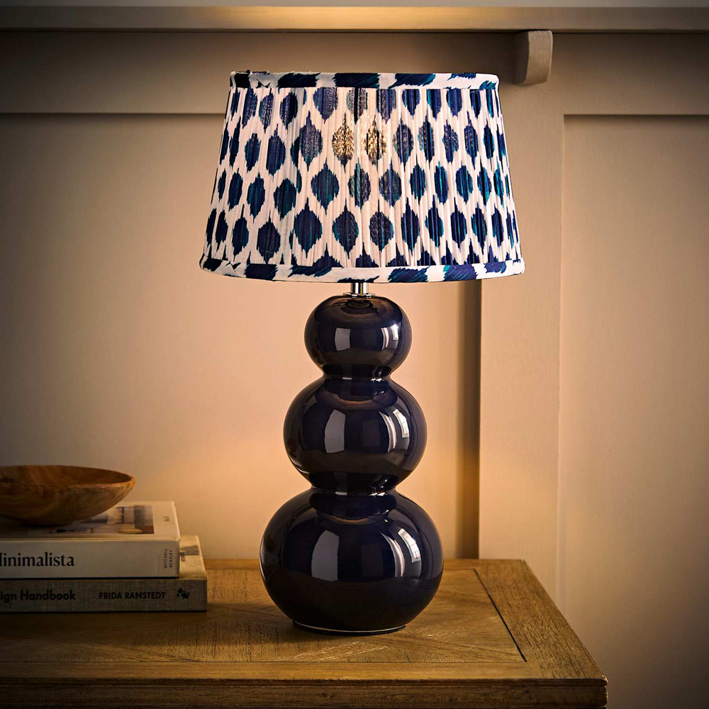 ValueLights Edie Ikat Pleated Shade Navy Bobble Ceramic Table Lamp with Bulb Image 2
