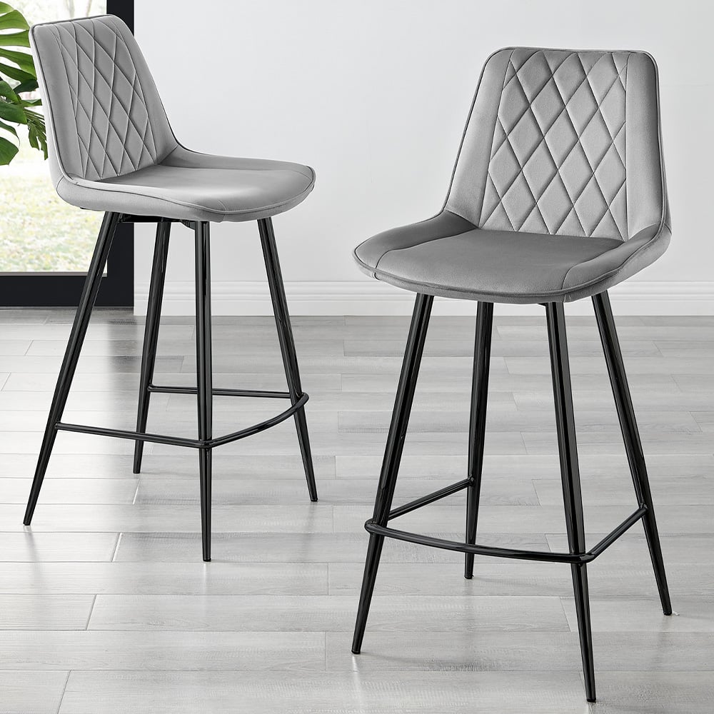 Furniturebox Cesano Grey and Black Velvet Bar Stool Set of 2 Image 1
