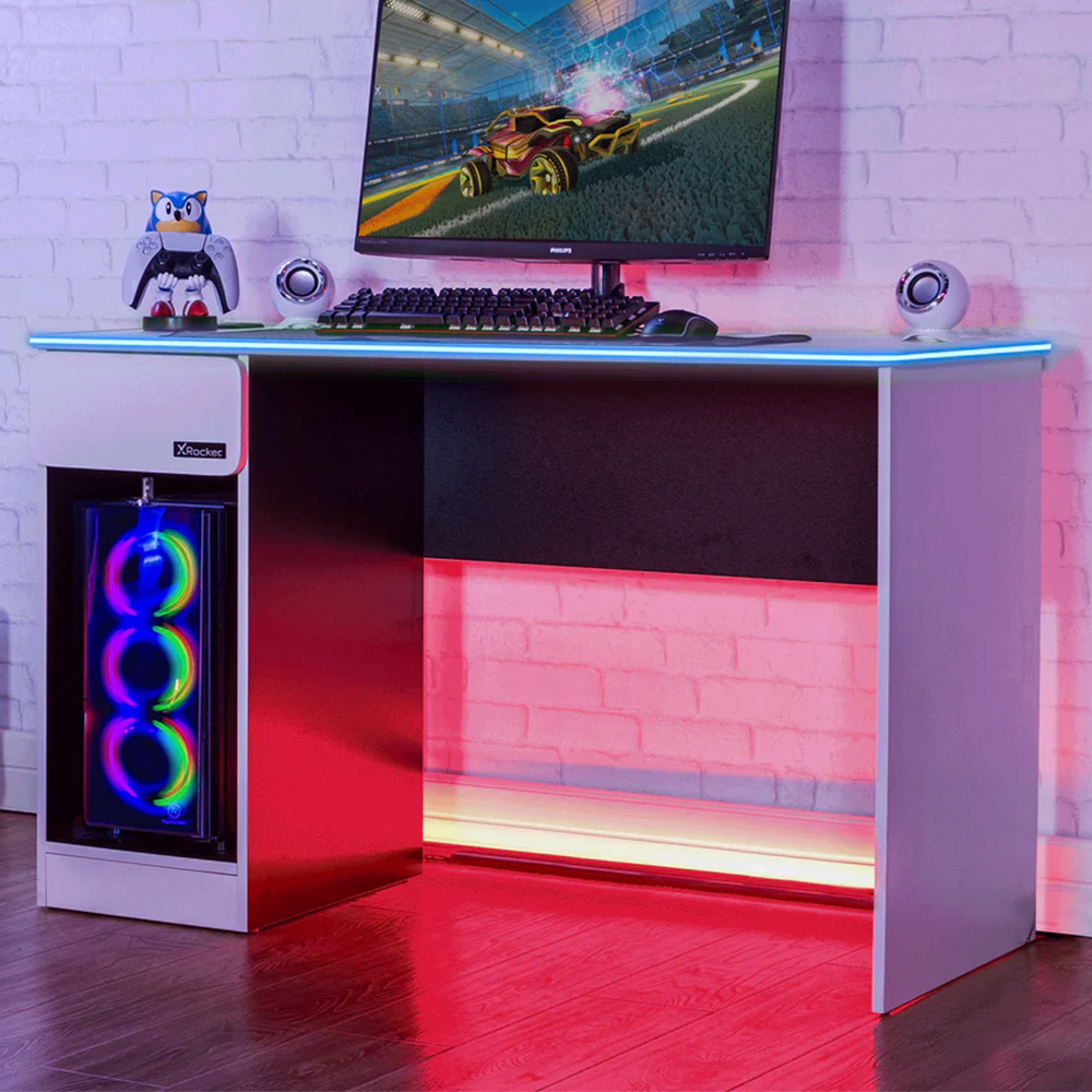 X Rocker Carbon-Tek Single Drawer Single Shelf Gaming Desk with Neo Fibre LED Lights White Image 1
