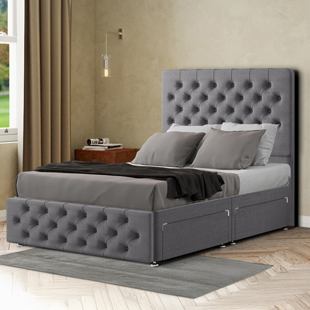 Portland Mary Chesterfield Super King Grey Divan Bed Frame with 2 Drawers and Headboard Image 1