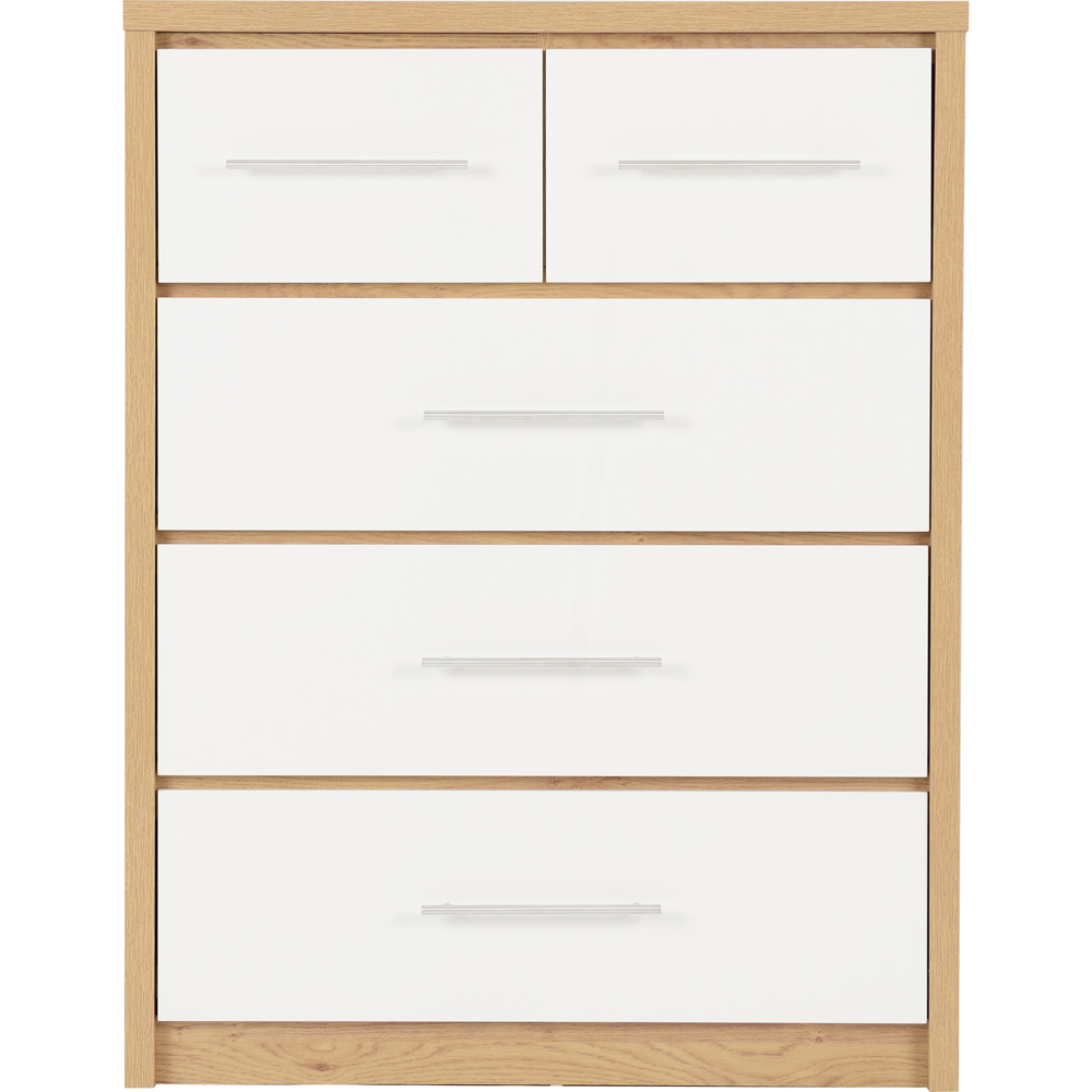 Seconique Seville 5 Drawer White Gloss Light Oak Effect Veneer Chest of Drawers Image 3