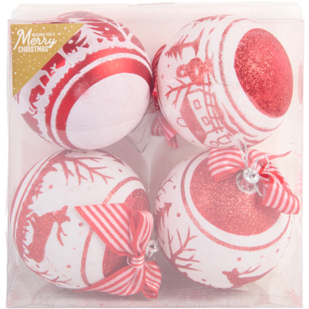 Pack of 4 Red & White Xmas Scene Baubles - Red Image 1