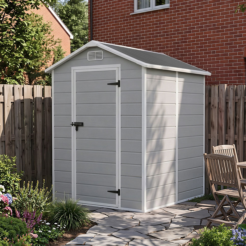 Living and Home 4 x 6ft Smokey Grey Wood Grain Plastic Garden Storage Shed with Floor Image 8
