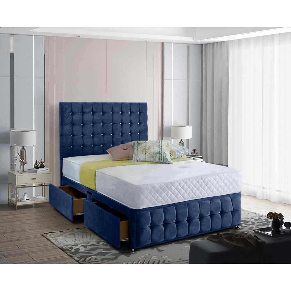 Eleganza Home Cloudrest Double Sapphire Plush Velvet 2 Drawer Divan Bed with Headboard Image 2