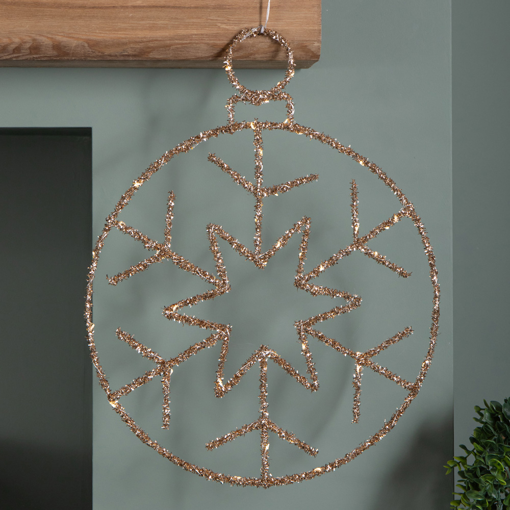 Samuel Alexander Warm White Twinkling LED Light Up Gold Snowflake Ball Hanging Christmas Decoration Image 1