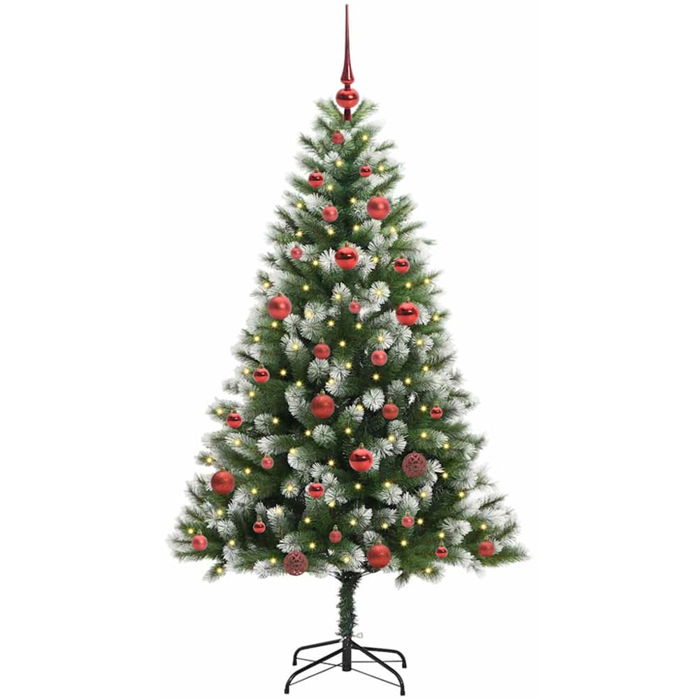 vidaXL Pre-Lit Red Baubles Green Artificial Snow Tipped Hinged Christmas Tree 5ft Image 1