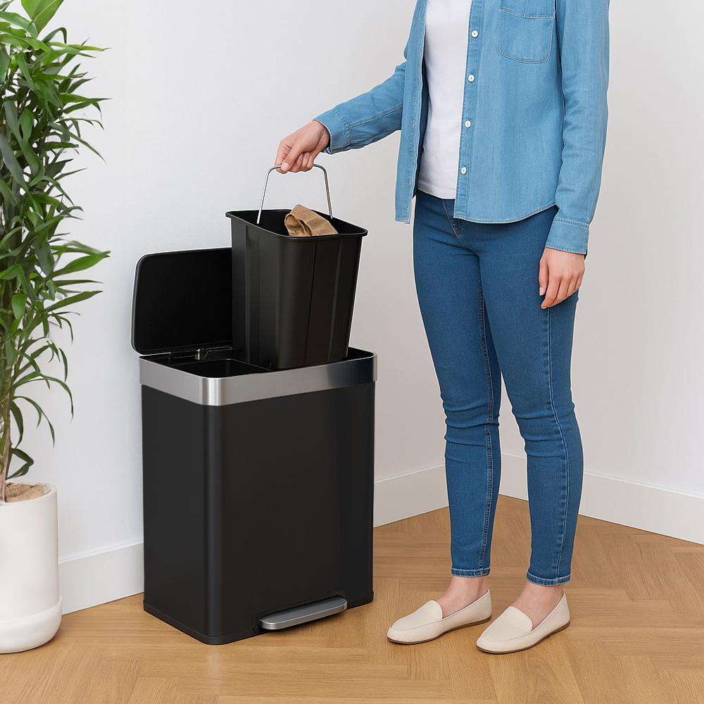 Harbour Housewares Matt Black Stainless Steel Double Kitchen Pedal Bin 60L Image 3