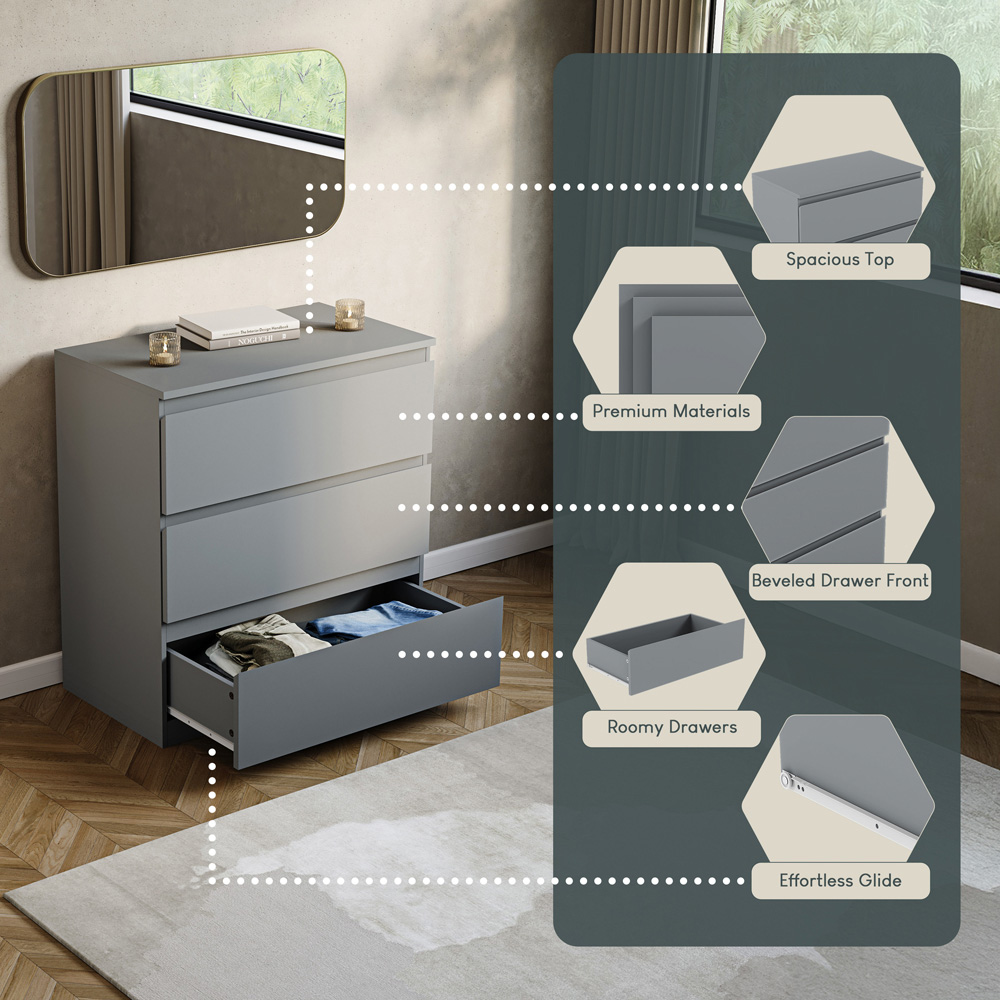 VIDA DESIGNS Denver 3 Drawer Grey Chest of Drawers Image 6