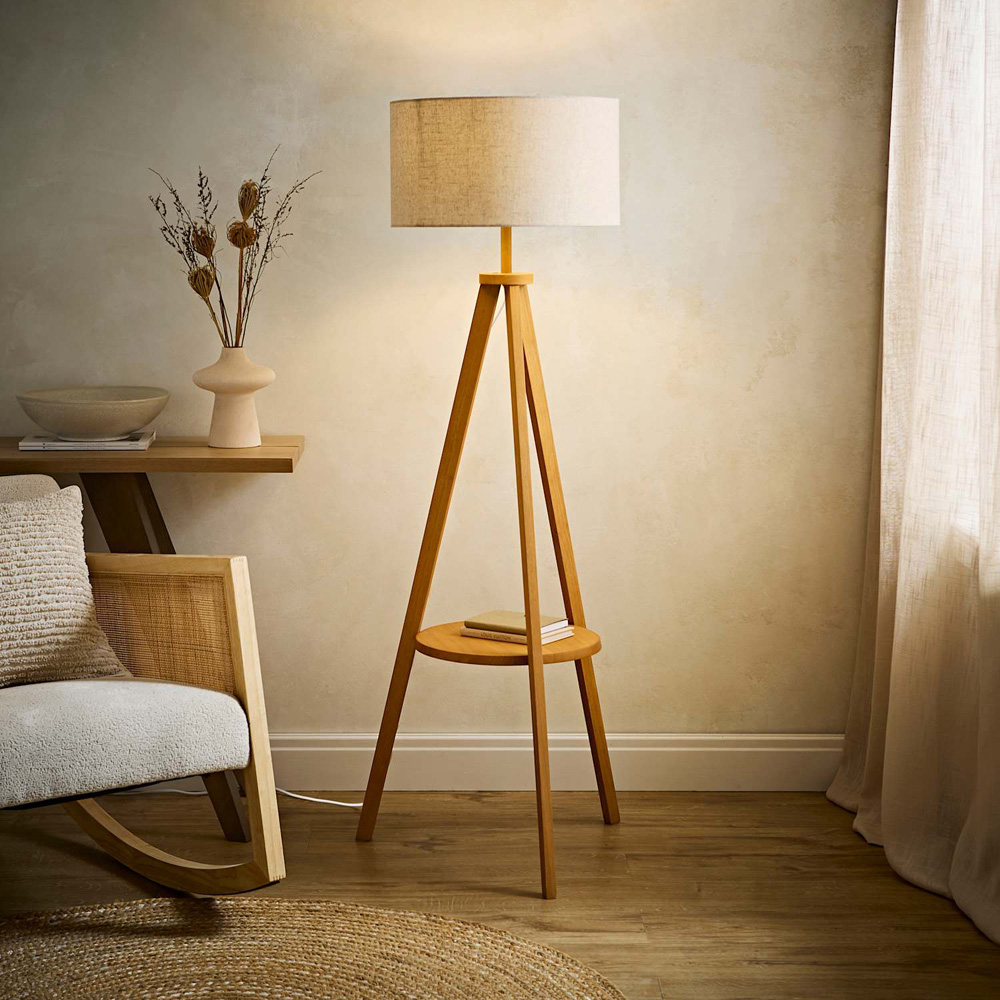 ValueLights Morrigan Mid Wood Tripod Floor Lamp with Linen Fabric Drum Shade and Bulb Image 5