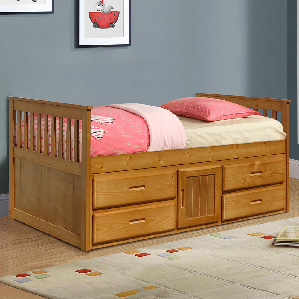 Comfy Living Single Captains Cabin Style Caramel Wooden Bed with Storage Image 1