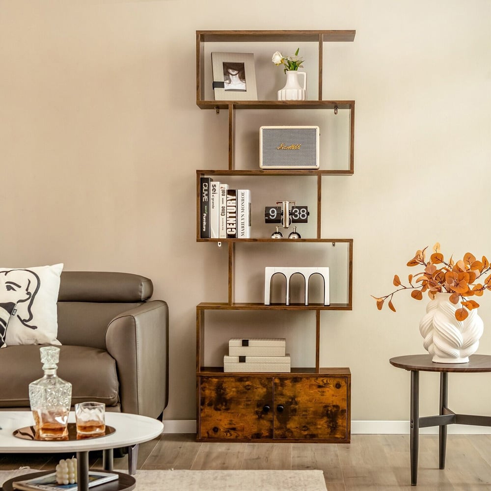 Costway Double Door 5 Shelf Rustic Brown S Shaped Bookcase Image 4