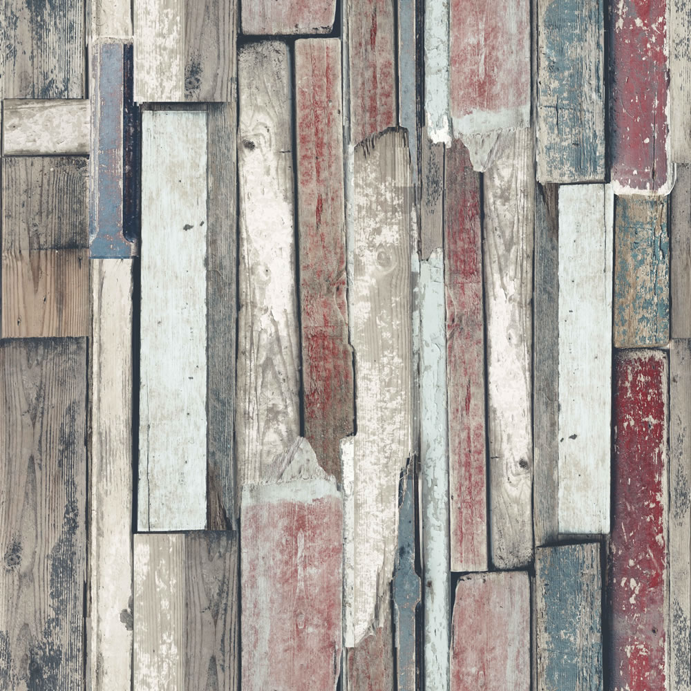 Wilko Industrial Wood Red and Teal Wallpaper Image 1