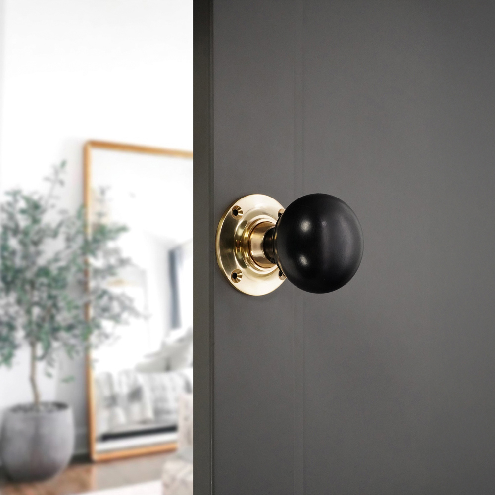 Spira Brass Polished Brass Ebony Bun Rim and Mortice Door Knob 2 Pack Image 2