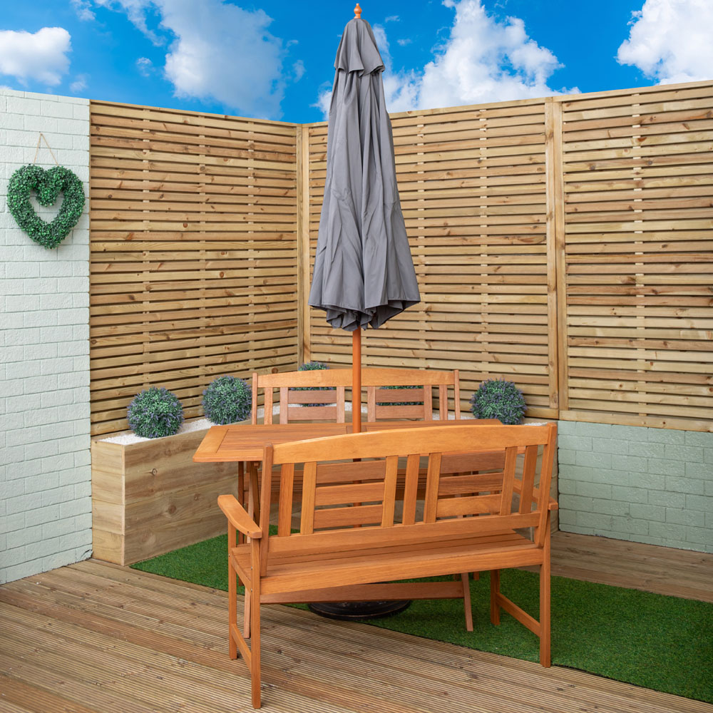 Samuel Alexander 4 Seater Wooden Rectangular Foldable Dining Bench Set with Grey Parasol and Base Image 8