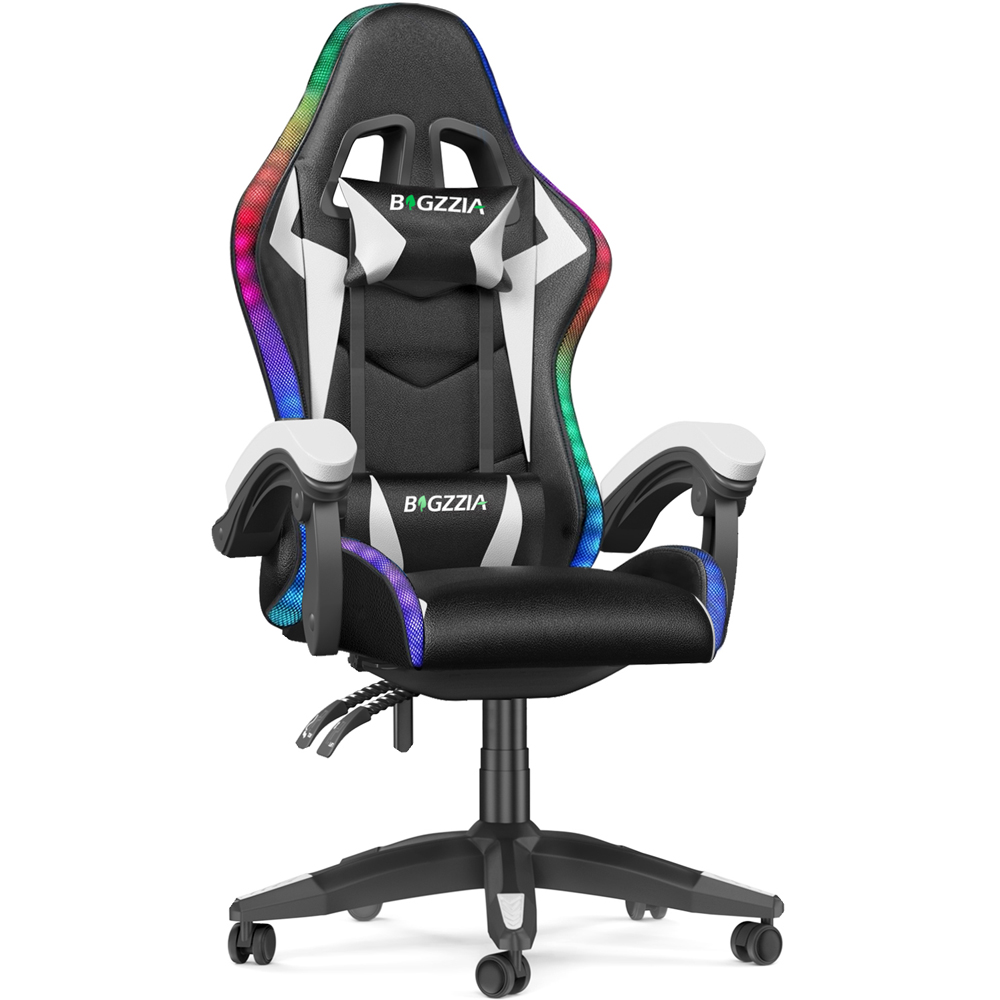 Rattrix White Height Adjustable Lumbar Backrest Gaming Chair with Headrest and LED Light Image 2