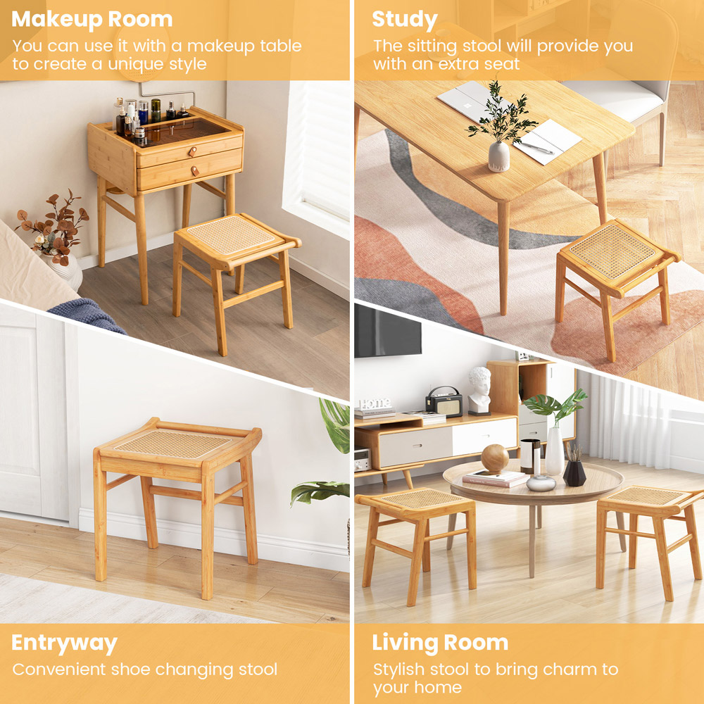 Costway Natural Rattan Top Bamboo Vanity Stool with Anti-slip Foot Pads Image 6