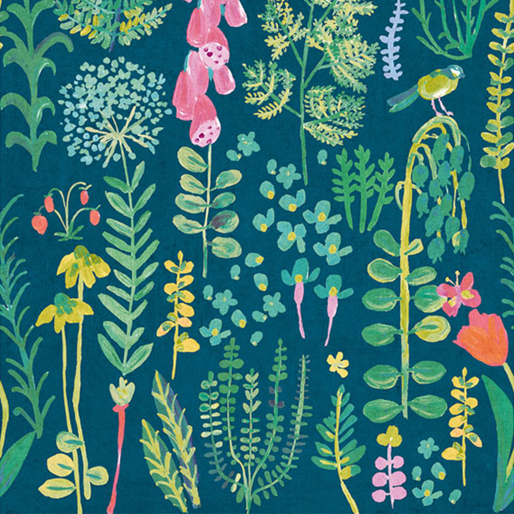 Grandeco Spring Meadow Flower Painted Sprig Dark Teal 3 Panel Wall Mural Image 2