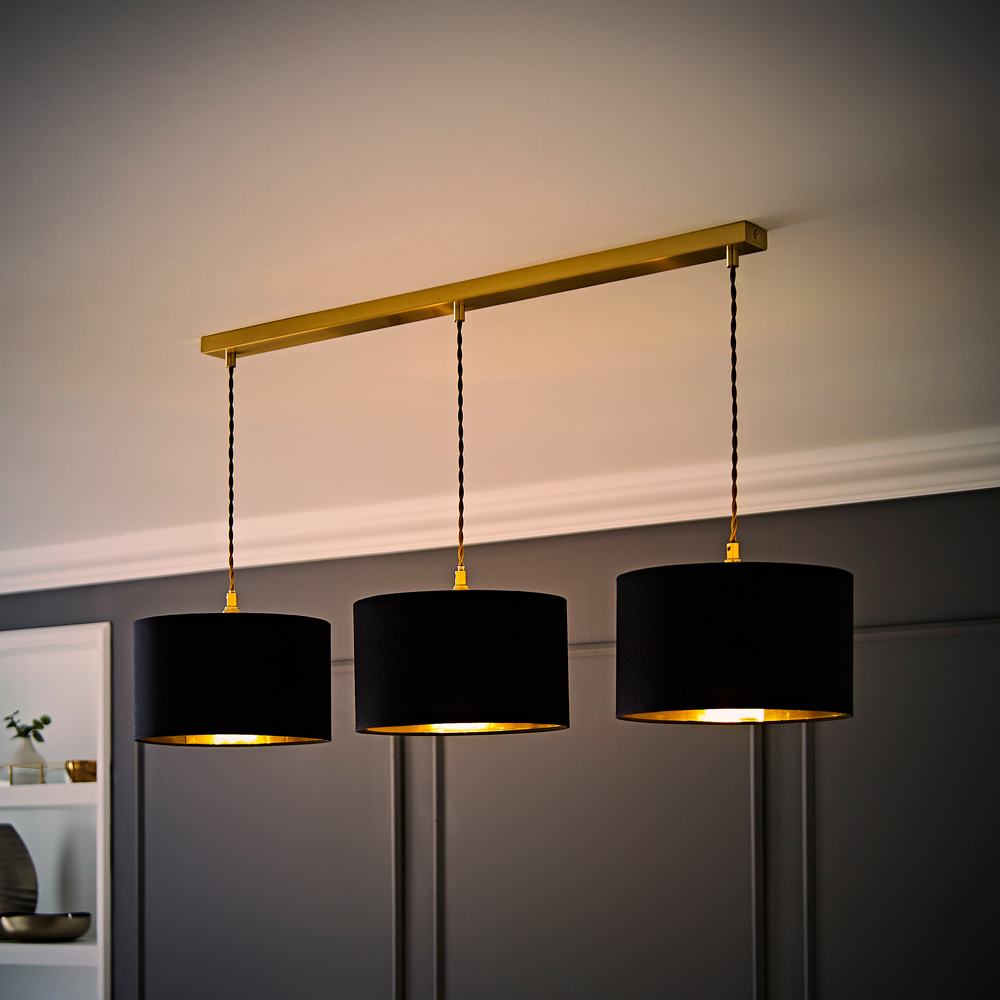 ValueLights Reni Black and Gold Drum Shade 3 Drop Bar Gold Diner LED Ceiling Lights Image 6