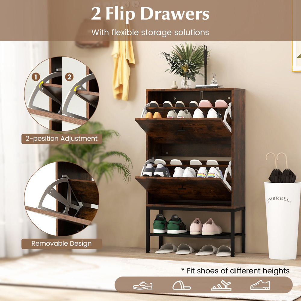 Costway 2 Drawer Single Shelf Rustic Brown Shoe Storage Cabinet Image 6