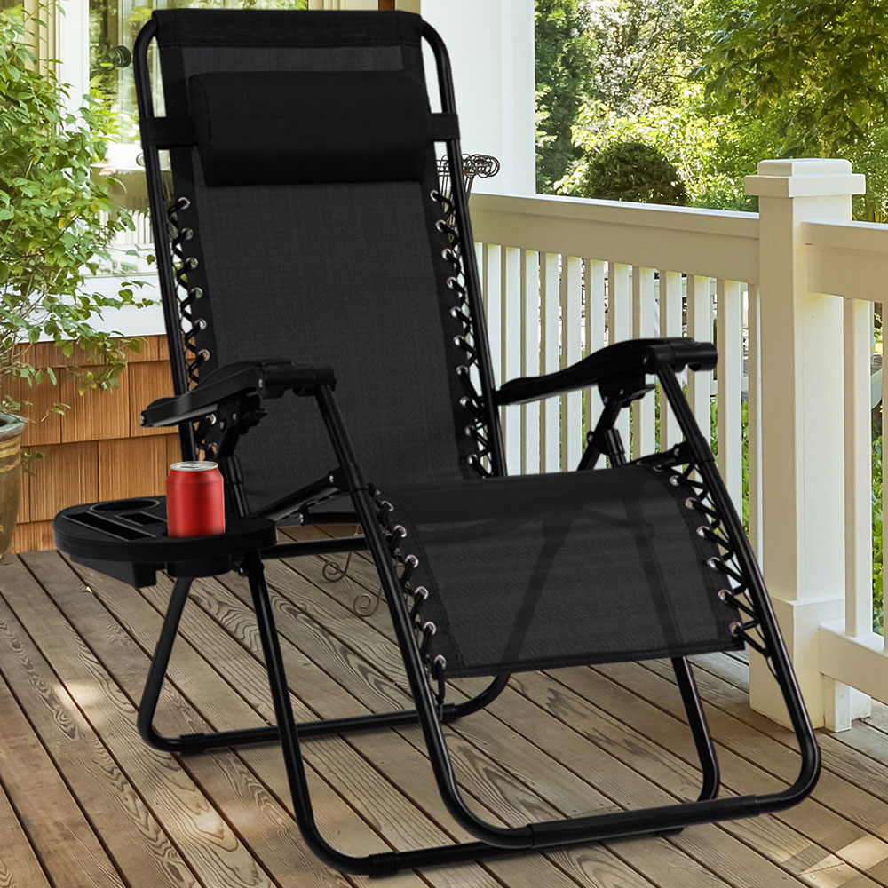 Costway Black Folding Patio Recliner with Removable Headrest and Cup Holder Image 1