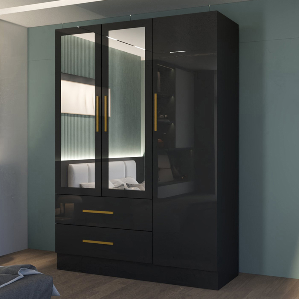 M N Furniture Glossera 3 Door 2 Drawer Black High Gloss Mirrored Wardrobe 116cm Image 1