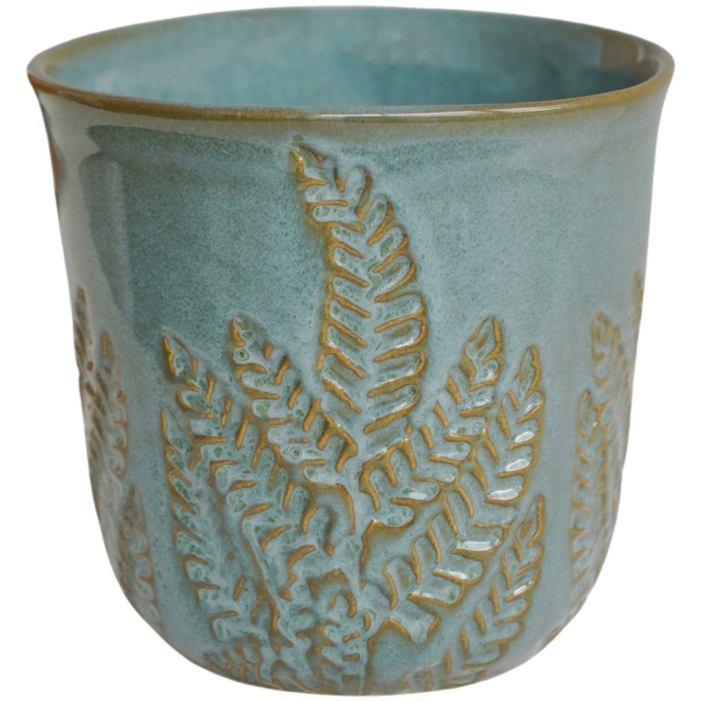 Ivyline Kew Teal Stoneware Fern Embossed Reactive Glaze Indoor Planter 18cm Image 1