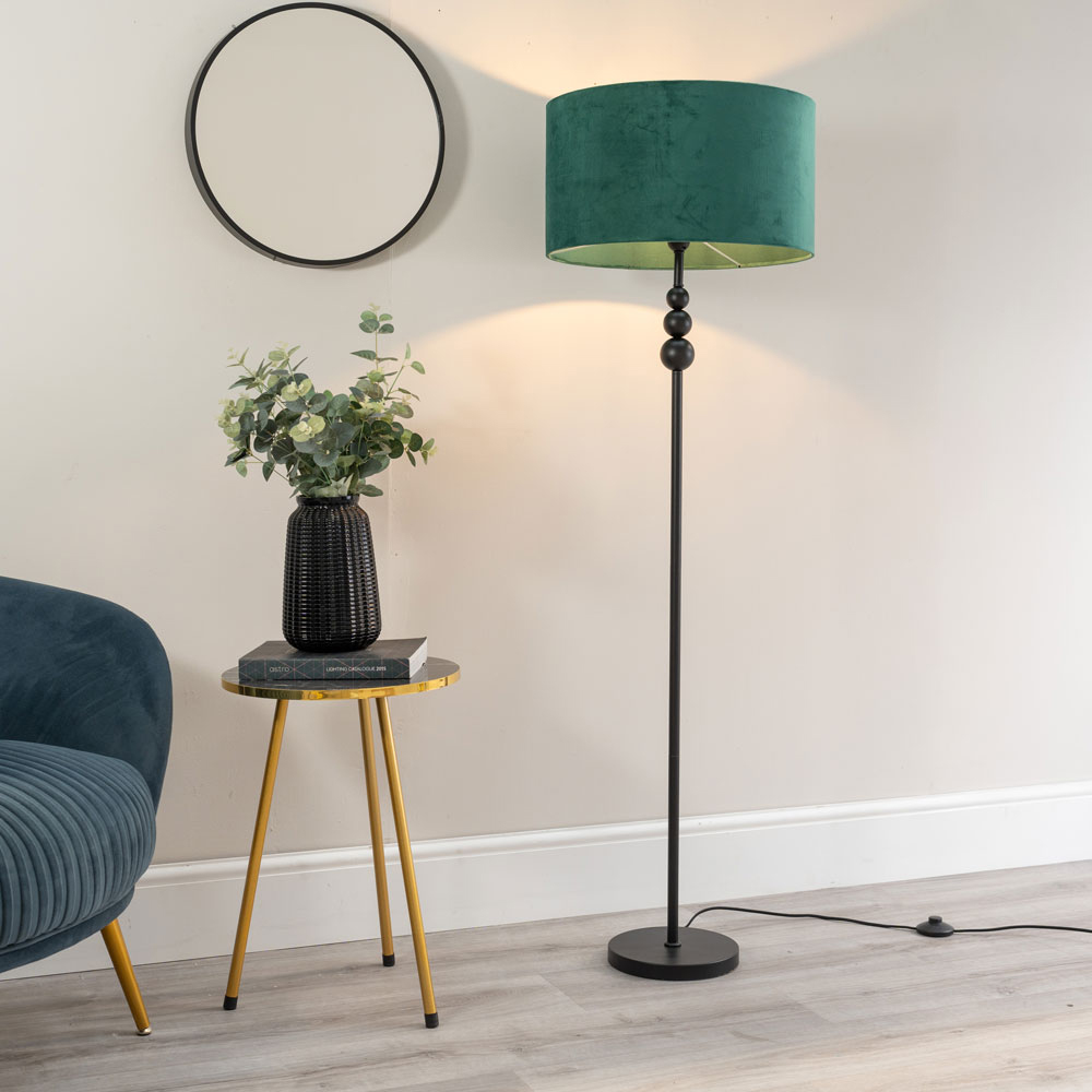 ValueLights Marissa Forest Green Velvet Shade Black Ball LED Floor Lamp Image 2