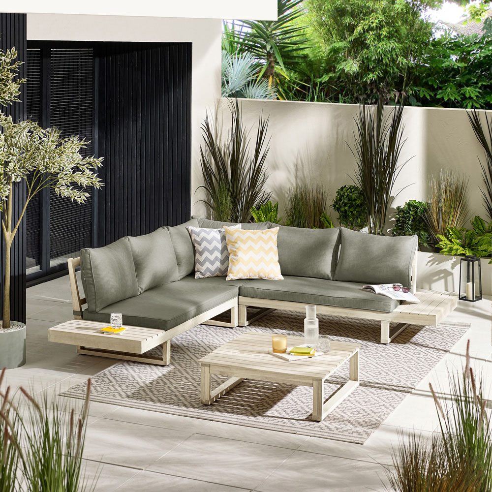 Furniturebox Sardinia 6 Seater Grey Limewash Wood Outdoor Sofa Set Image 1