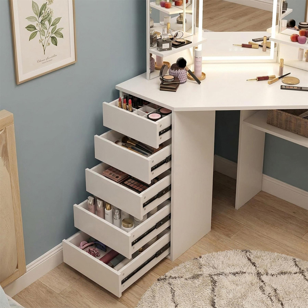 Portland 5 Drawer White Corner Dressing Table Set with LED Mirror Image 4