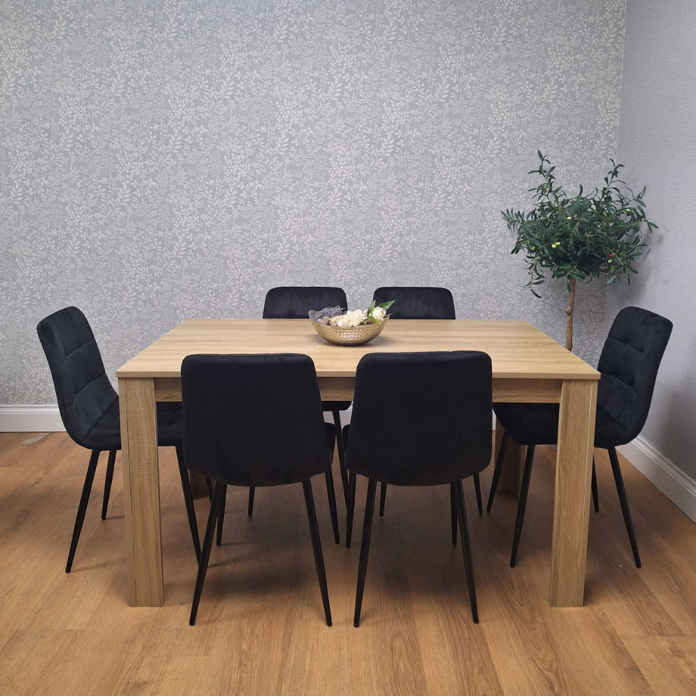 Portland Rocco 6 Seater Velvet Dining Set Wooden Oak Effect and Black Image 6