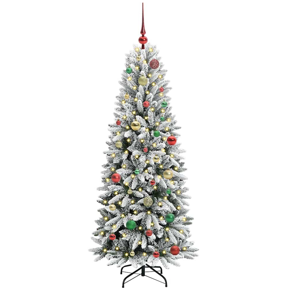 vidaXL Pre-Lit Multicolour Baubles Artificial Snow Flocked Christmas Tree 5ft Image 1