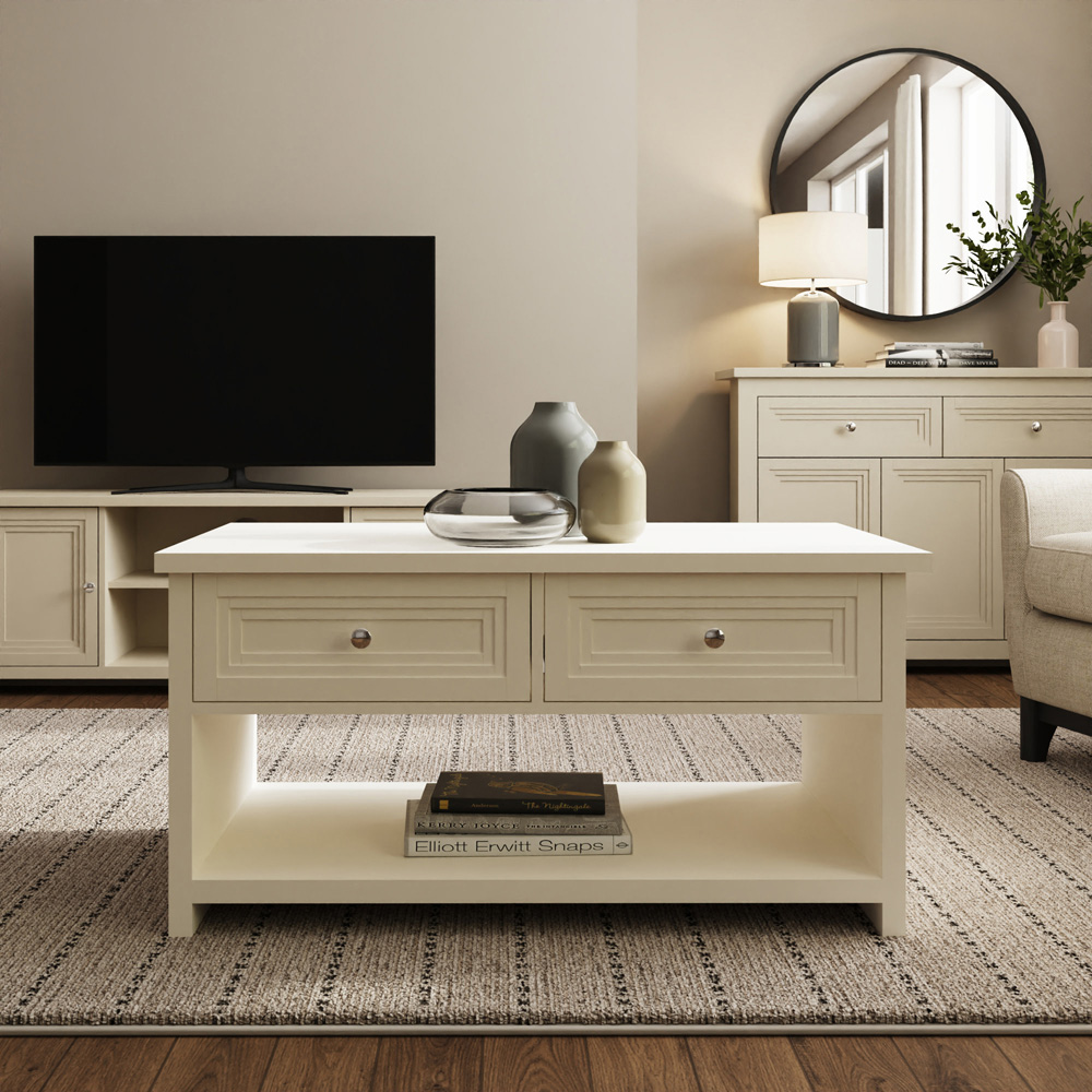 GFW Oakley 2 Drawer Single Shelf Limestone Coffee Table Image 7