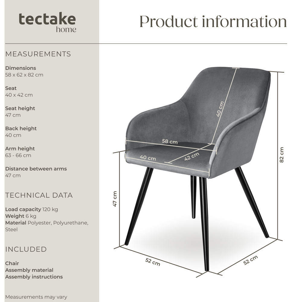 tectake Marilyn Grey and Black Velvet Padded Dining Chair Image 9