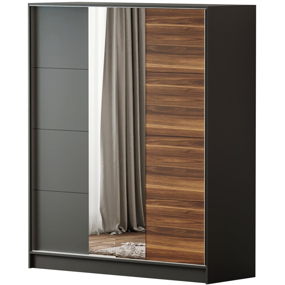 Evu MILANO Sliding Door Walnut and Anthracite Mirror Wardrobe Image 2