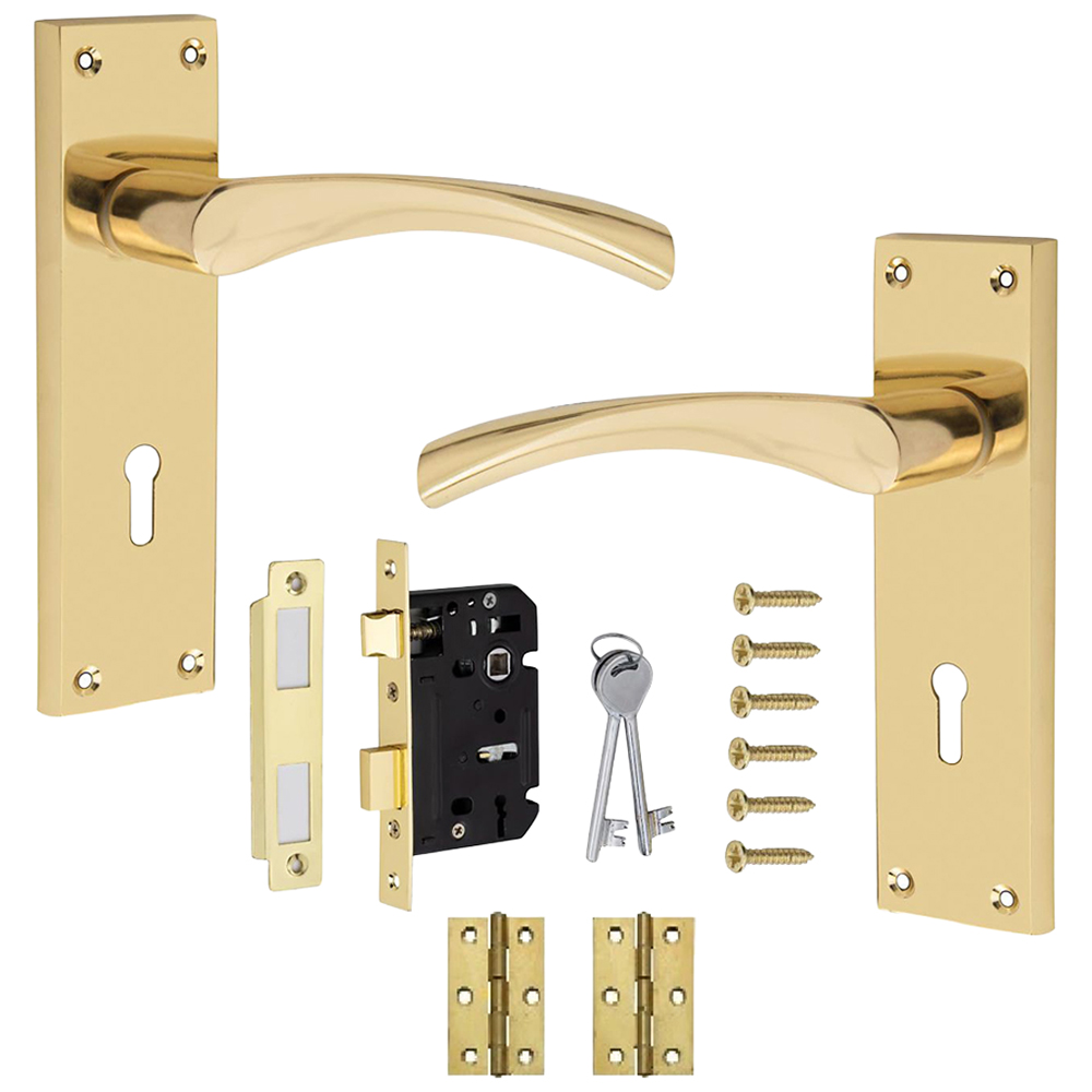 Golden Grace Polished Brass Victorian Scroll Astrid Lock Door Handle Set Image 1
