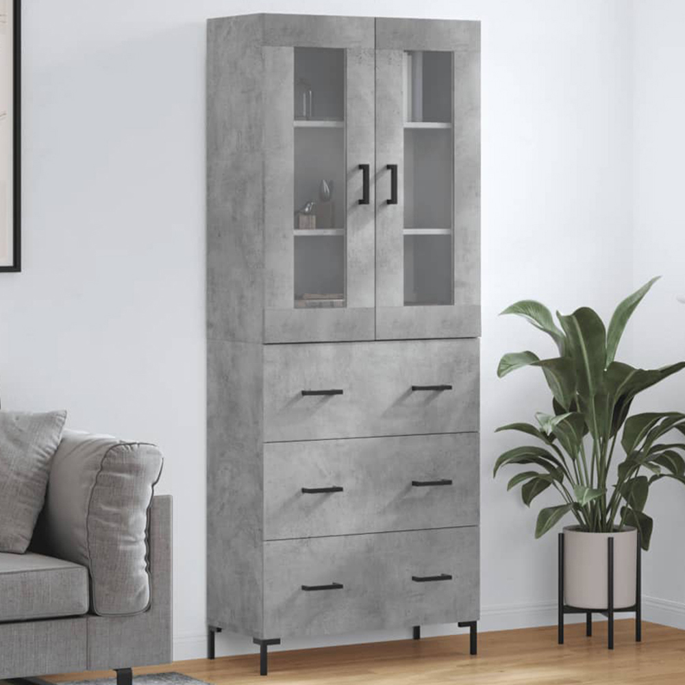 vidaXL 2 Glass Door 3 Drawer Concrete Grey Highboard Image 1