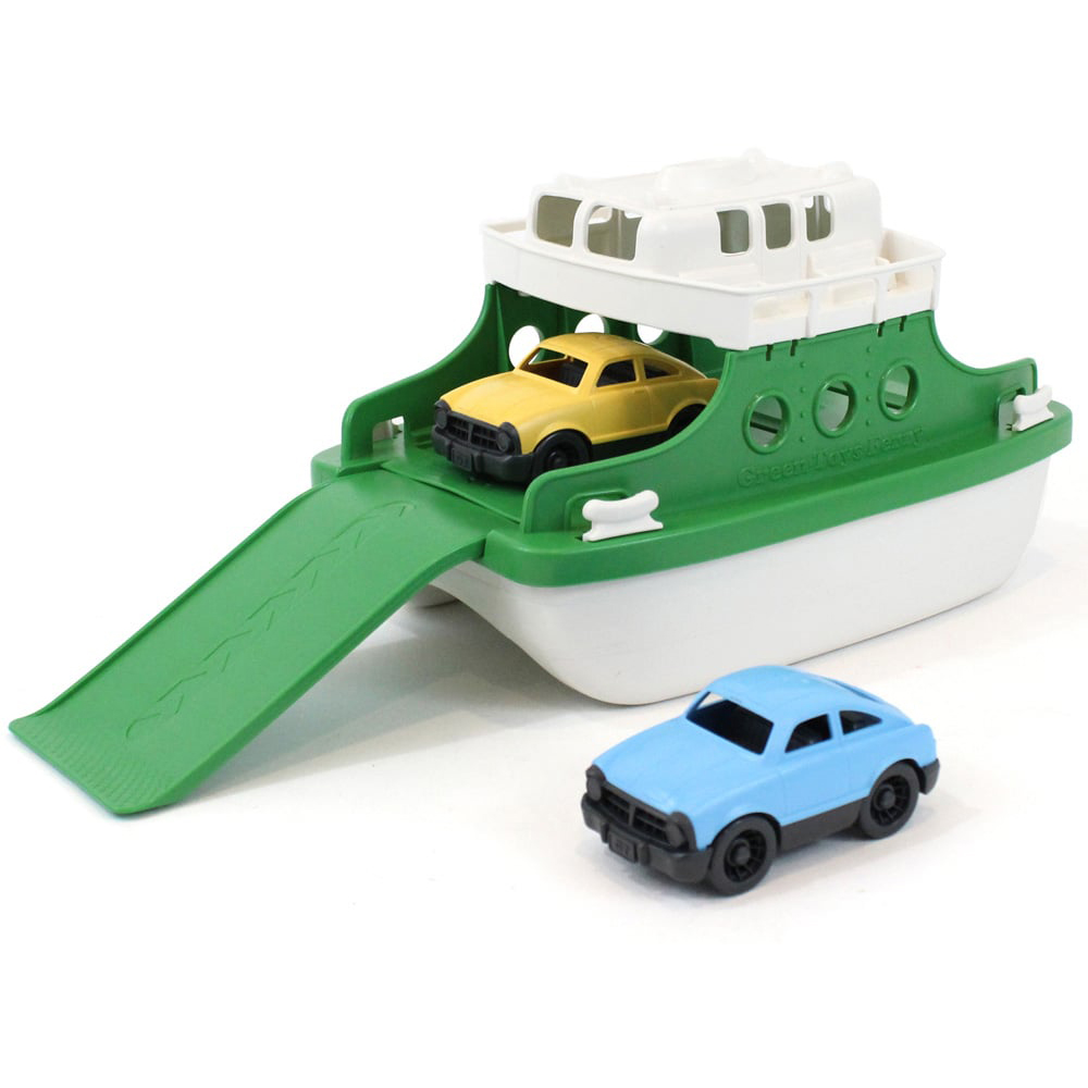 Green Toys Green and White Ferry Boat with Cars Image 1