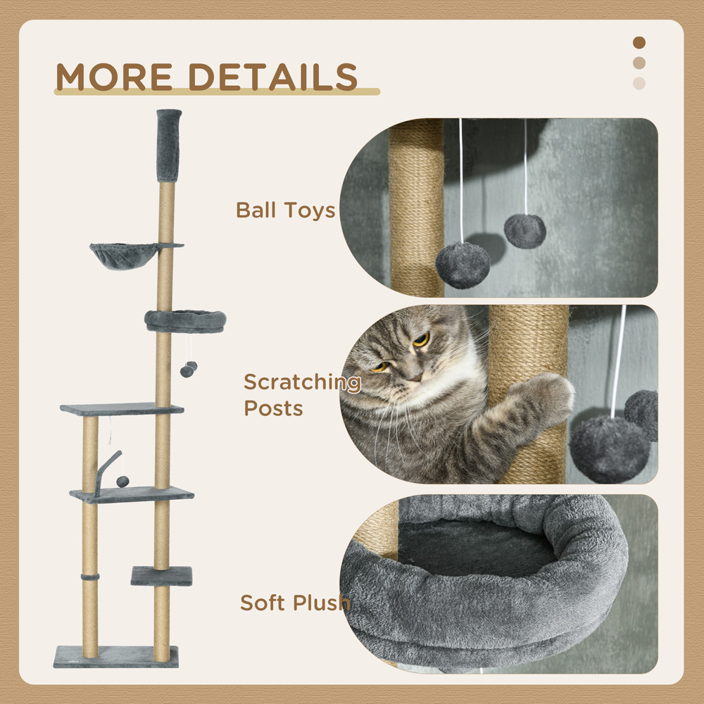 PawHut Grey Floor to Ceiling Cat Tree Tower Image 6