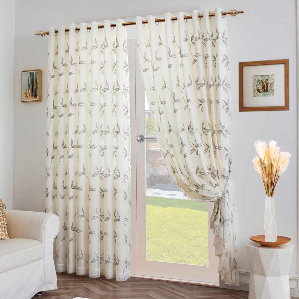 Alan Symonds Leaf Embroidered Silver Ring Top Eyelet Tulle Voile Curtains 229 x 229cm Image 1