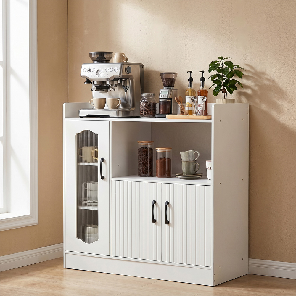 Living and Home 3 Door Single Shelf White Glass Panel Sideboard Image 8
